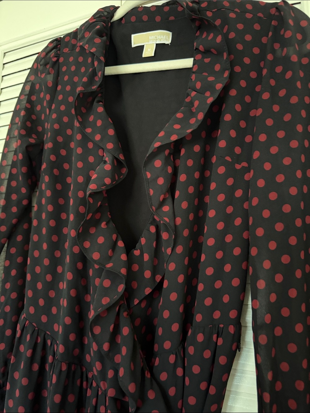 Michael Kors Black Dress with Red Dot Print, Long Sleeve Wrap Midi